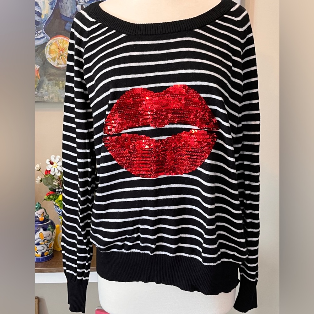 TORRID black and white striped sweater with red sequin lips.